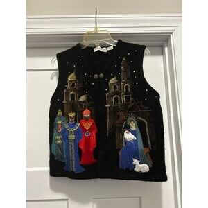 Vintage Sharon Young Black Wool Christmas Vest Size Large Magi Wiseman Christmas